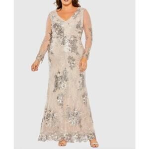 New Mac Duggal Size 18 Cocktail Embroidered Gown Mesh Long Sleeve V Neck Taupe